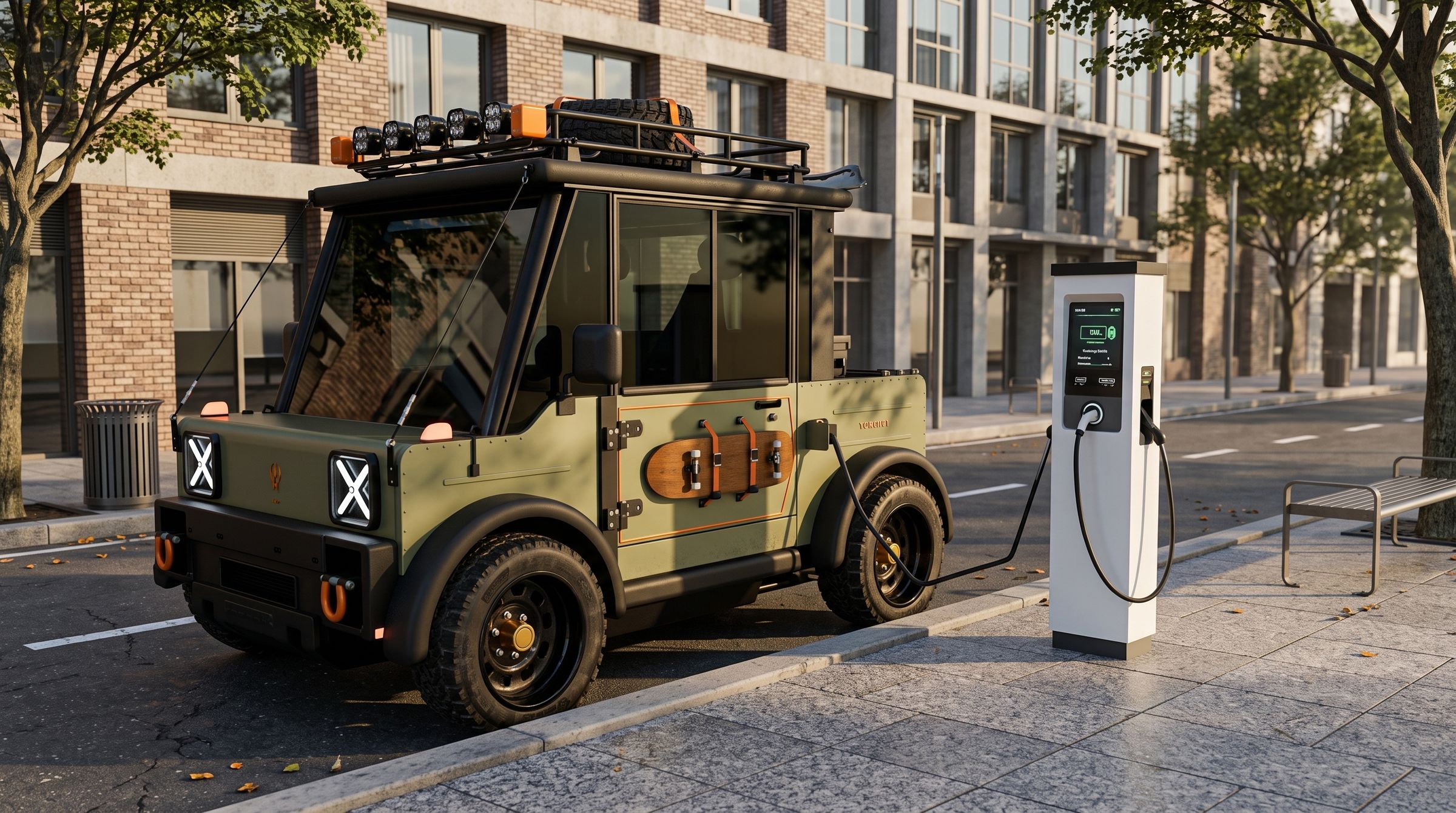 The Equinoxia parked at the kerb, plugged into a public EV charger