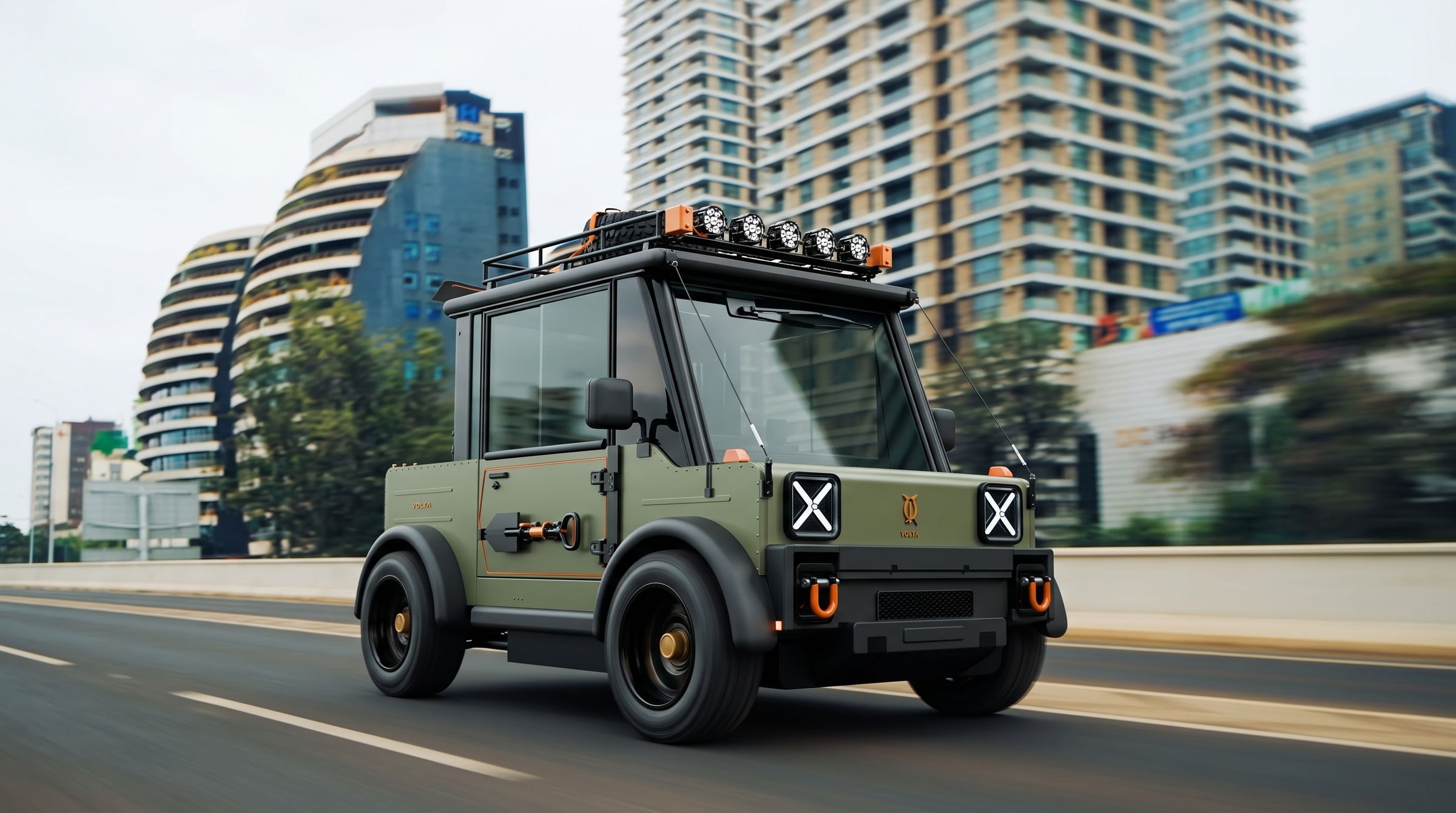 The Equinoxia driving on a city road past high-rise buildings