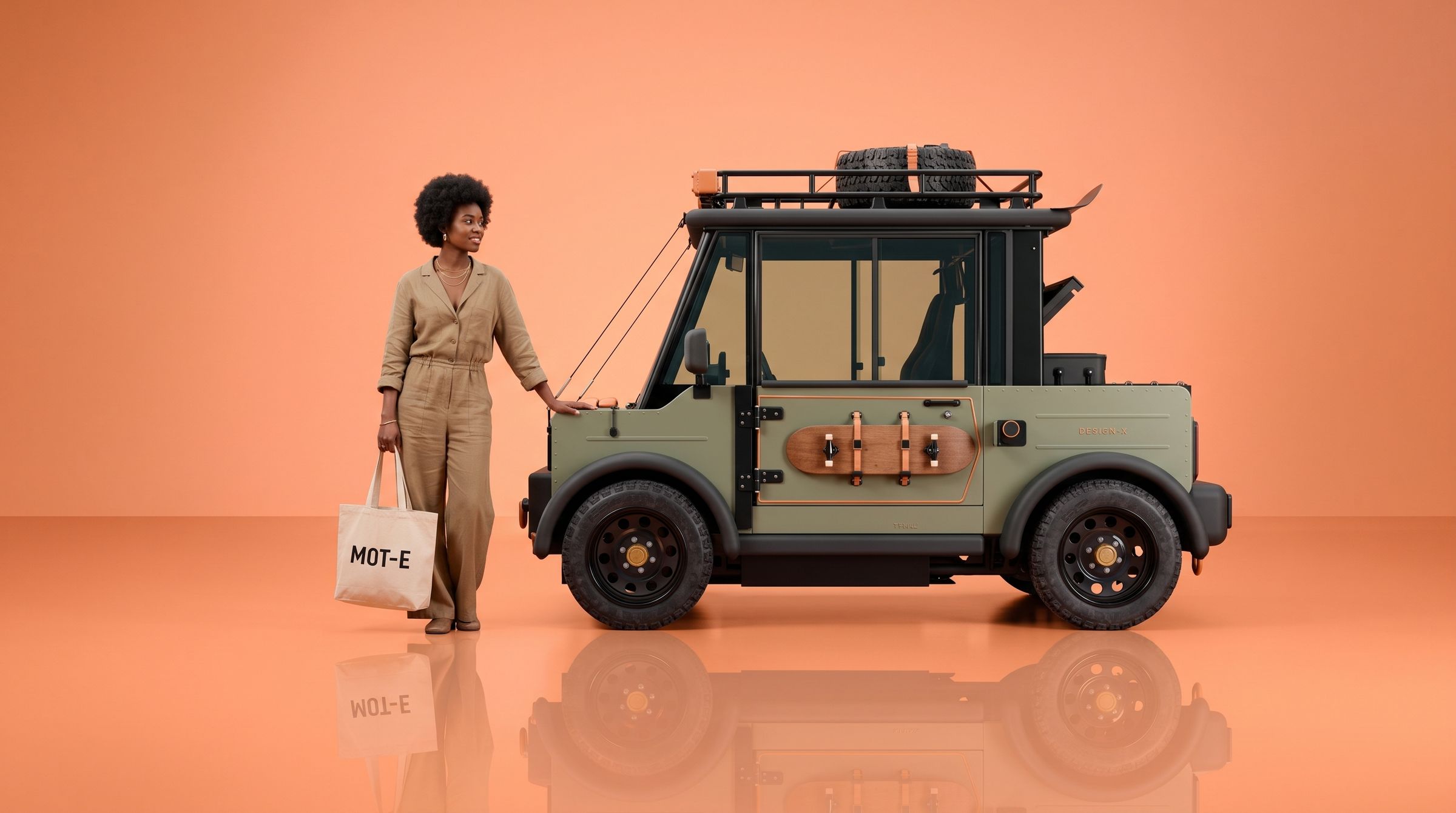 A woman in a linen jumpsuit carrying a MOT-E tote bag, standing beside the olive Equinoxia on an orange background