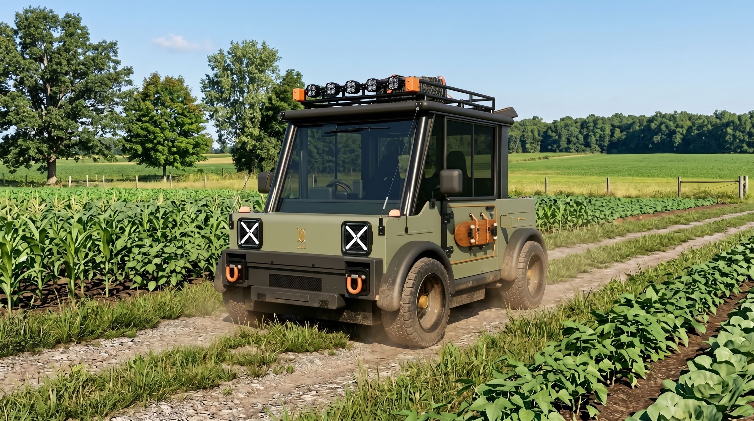The Equinoxia driving down a dirt track between rows of maize and vegetables