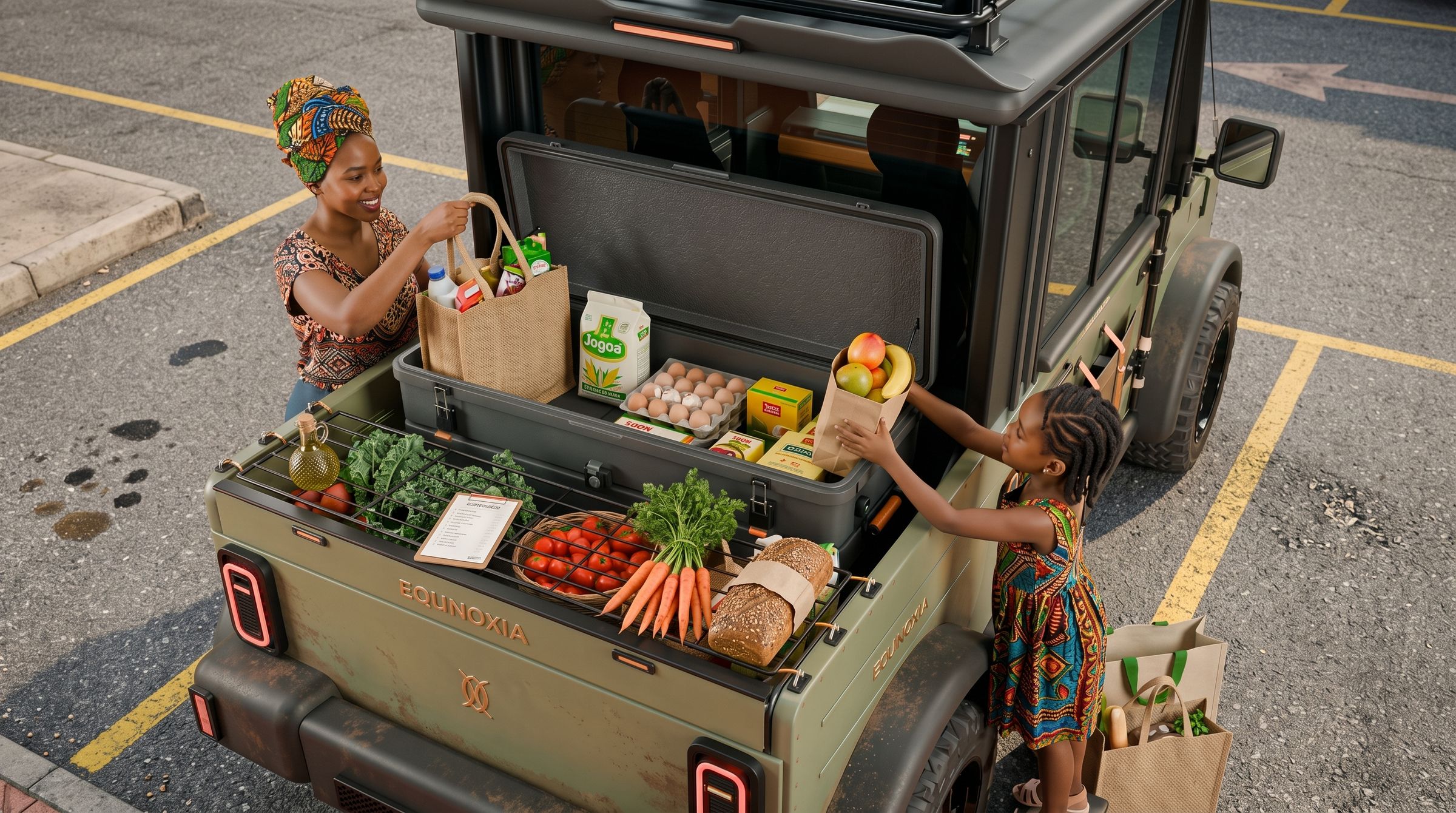 A mother and daughter loading groceries into the Equinoxia's cargo box and bed