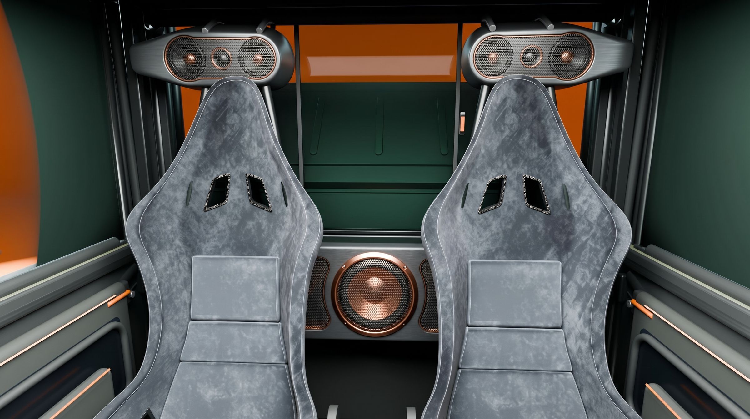 Two grey bucket seats with speaker pods on the crossbar above and a subwoofer between them
