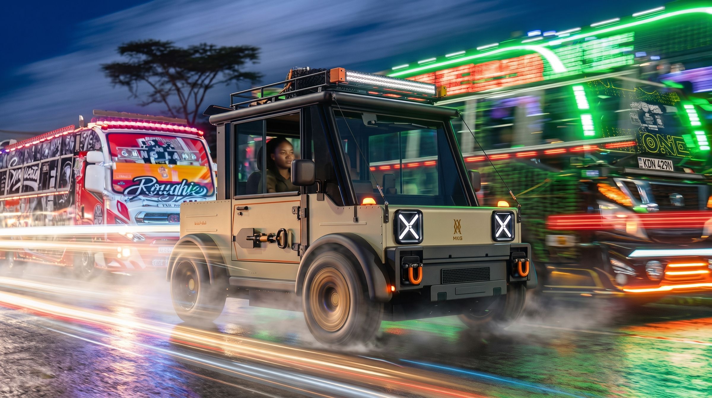 The Equinoxia driving through a Nairobi street at night, past a lit-up matatu