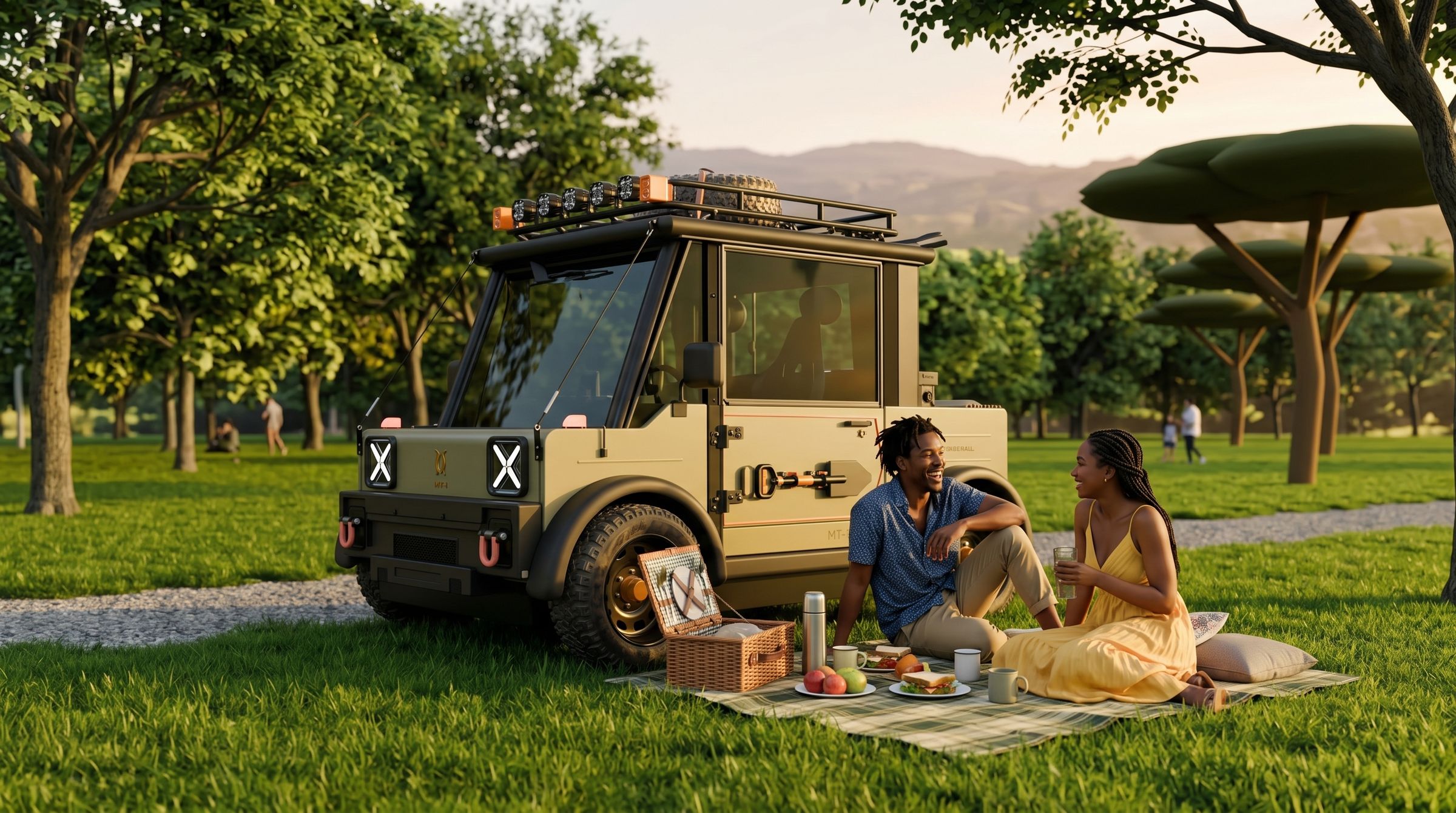 A couple having a picnic on the grass beside the parked Equinoxia