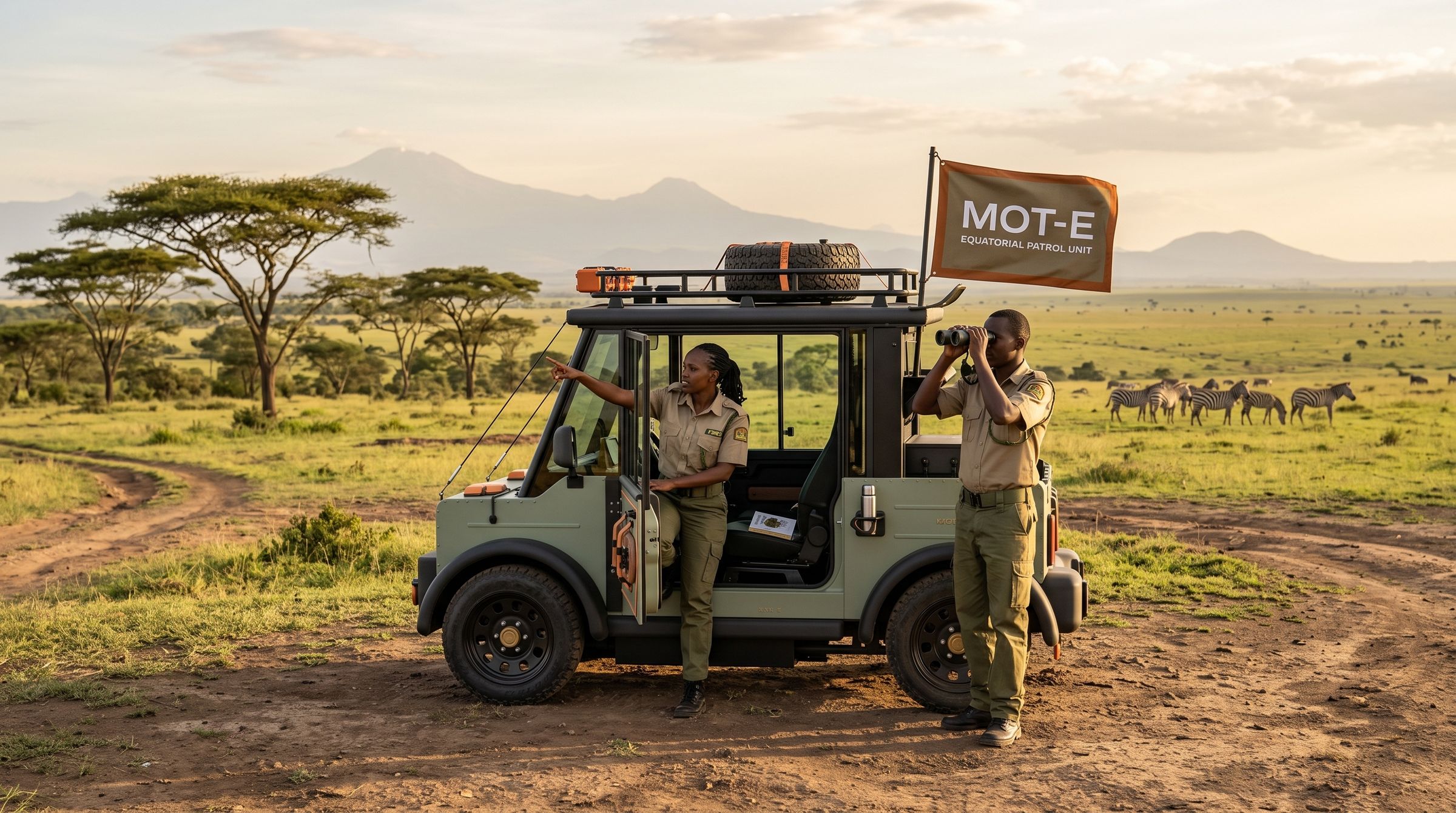 Two rangers with the Equinoxia on the savannah, one scanning a herd of zebra through binoculars